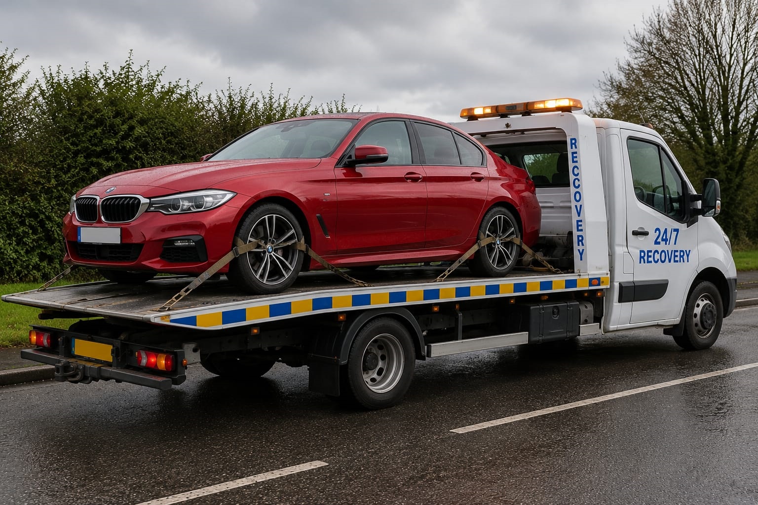 Manchester recovery technician securing vehicle safely on flatbed truck