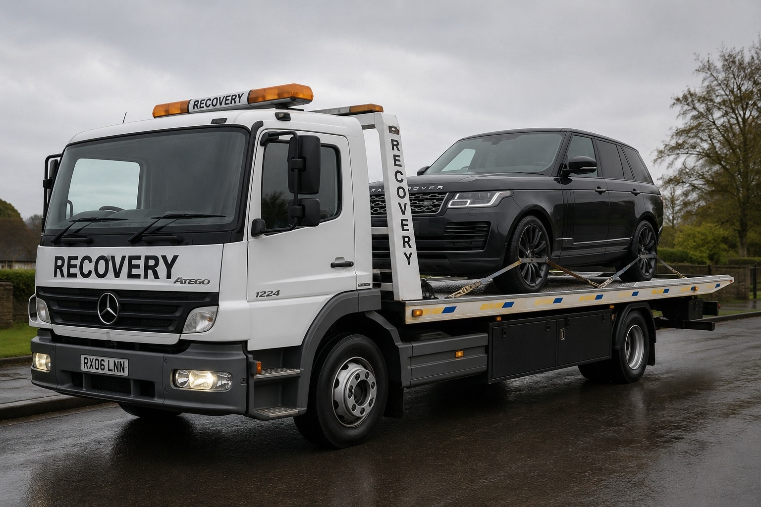 Recovery tow truck loaded with broken down car on a Sheffield road at night