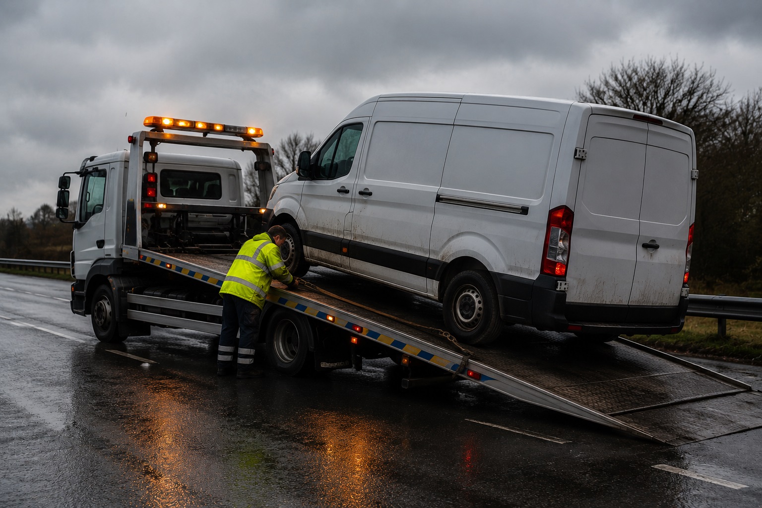 Professional recovery technician loading a car onto a flatbed in Oxfordshire
