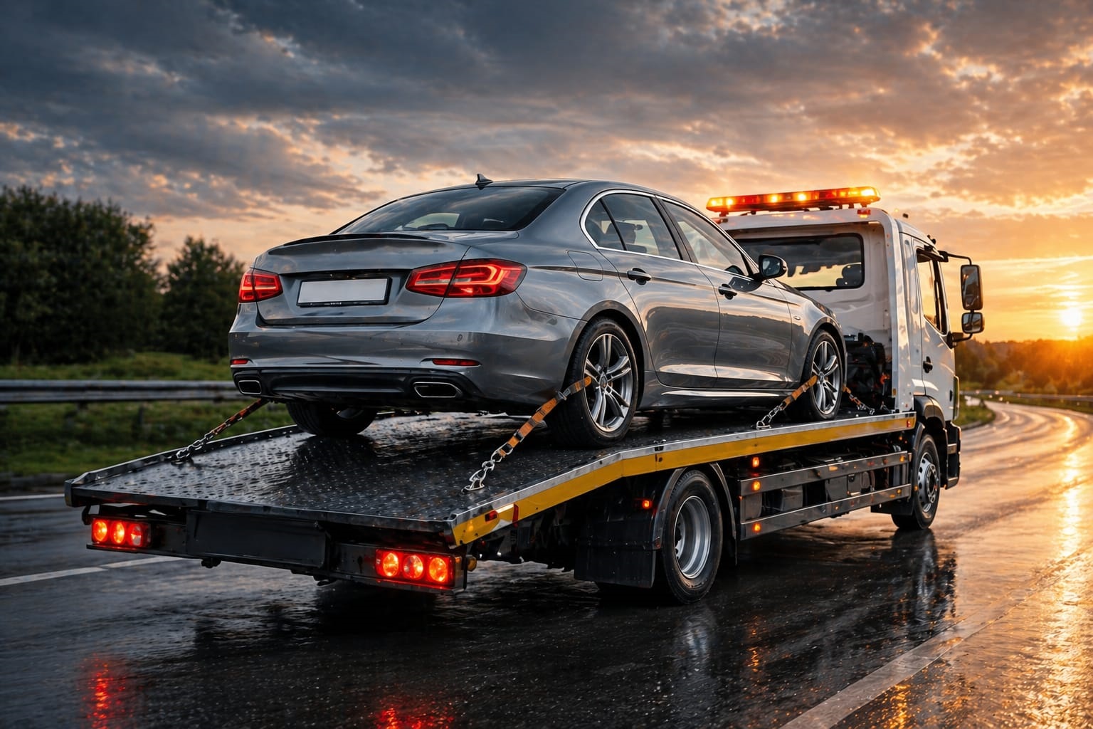 Flatbed recovery truck loading a broken down car on a Leeds road