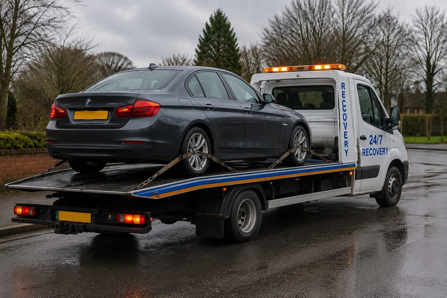 Recovery tow truck attending a broken down vehicle on a Liverpool road at night