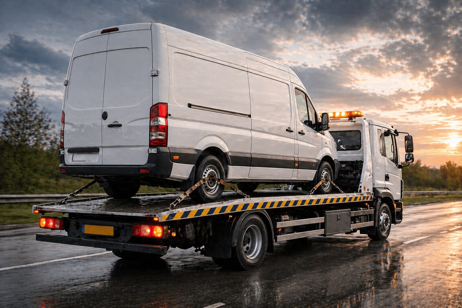RoadRescue breakdown recovery technician loading a car onto a flatbed truck in Cambridge